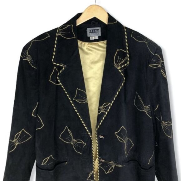 90’s Vintage Black Leather Bow Print Crystal Heart Button Blazer Jacket - Picture 6 of 13